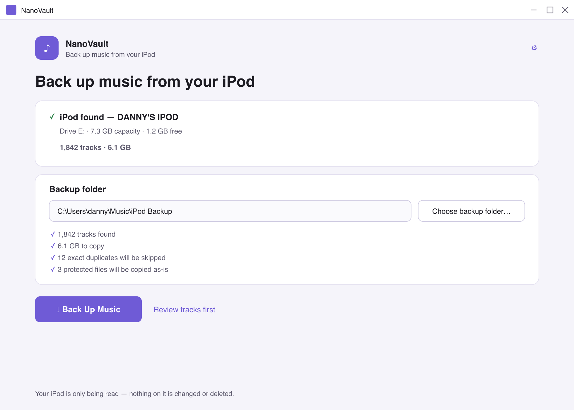 The NanoVault app showing a detected iPod and a Back Up Music button
